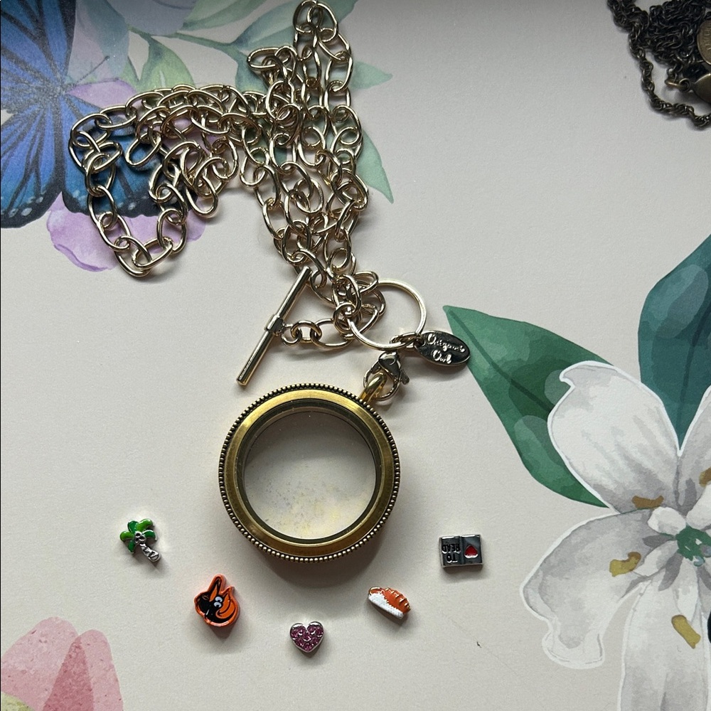 Origami Owl Gold Locket Necklace with Colorful Charms Toggle